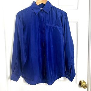 Vintage Cobalt Blue 100% Silk Button Down | Oversized Minimalist Blouse | Small
